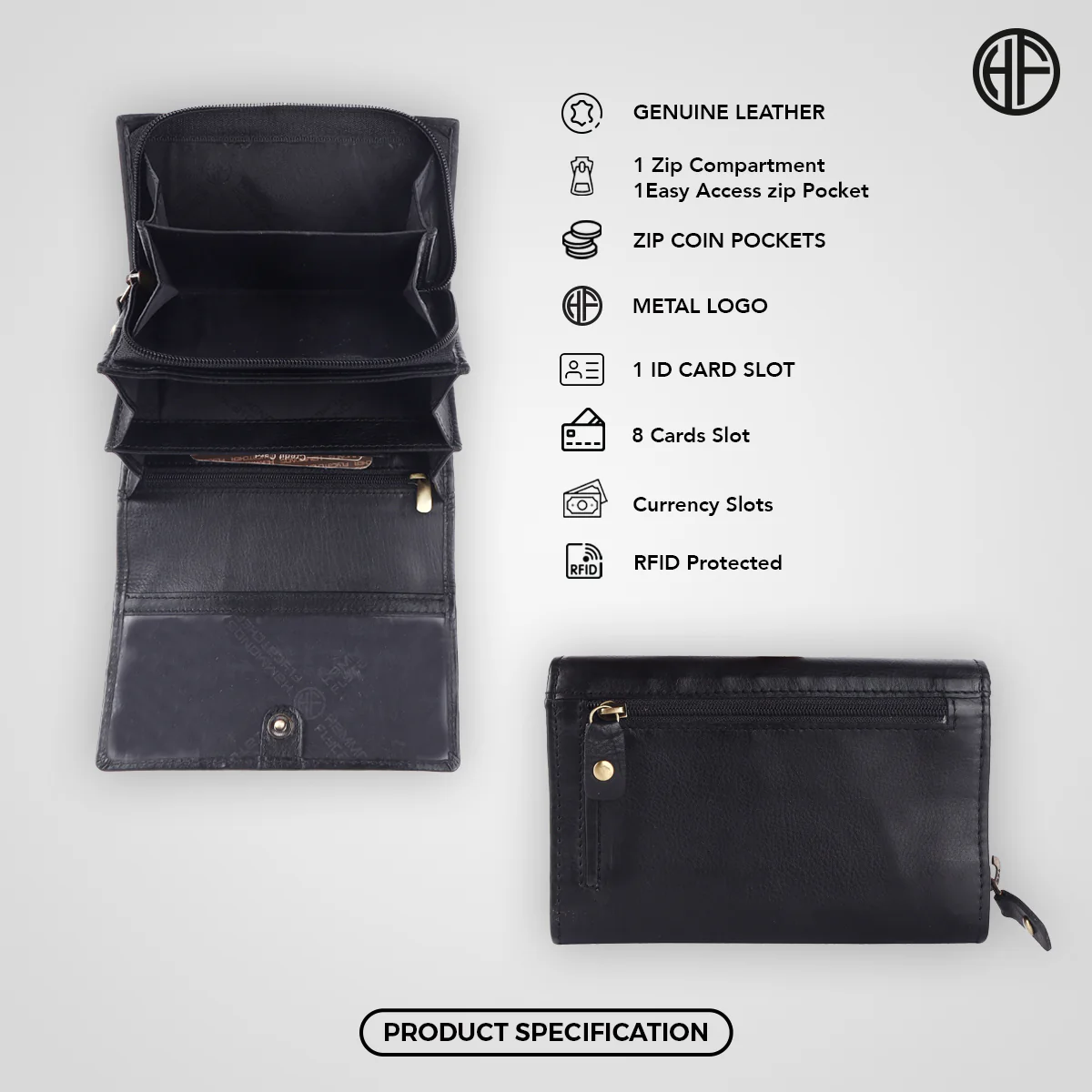 Ladies Leather Purse - RFID Protected, 8 Card Slots, 5 Compartments, Button Closure - For Daily Use - Image 26